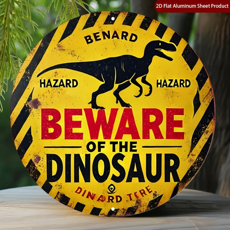2D Flat, 2D Flat 1pc Beware Round Aluminum Sign, Hazard Round Wall Decor Benard Rustic Metal Wall Art, Dinosaur Metal Wall Art D