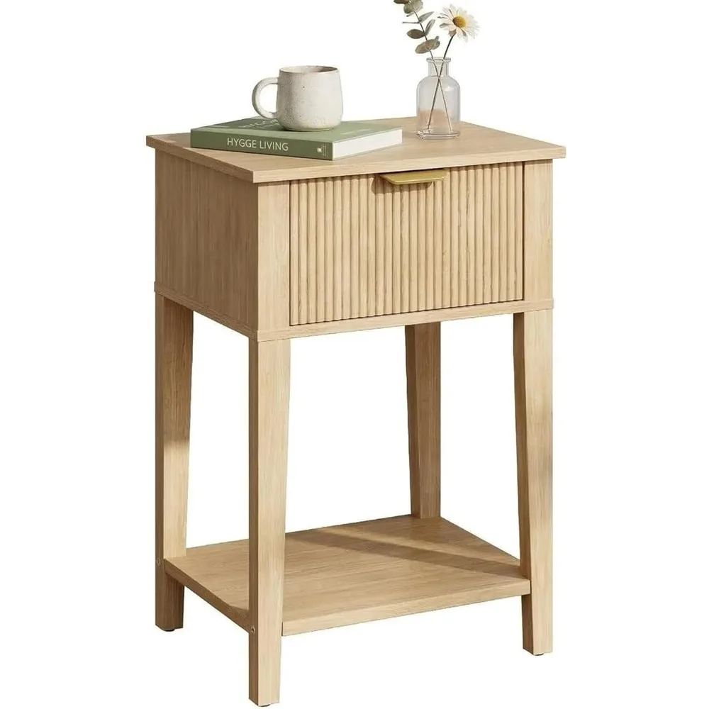 Small Nightstand 15" Wide with Drawer and Shelf, Oak Fluted Design