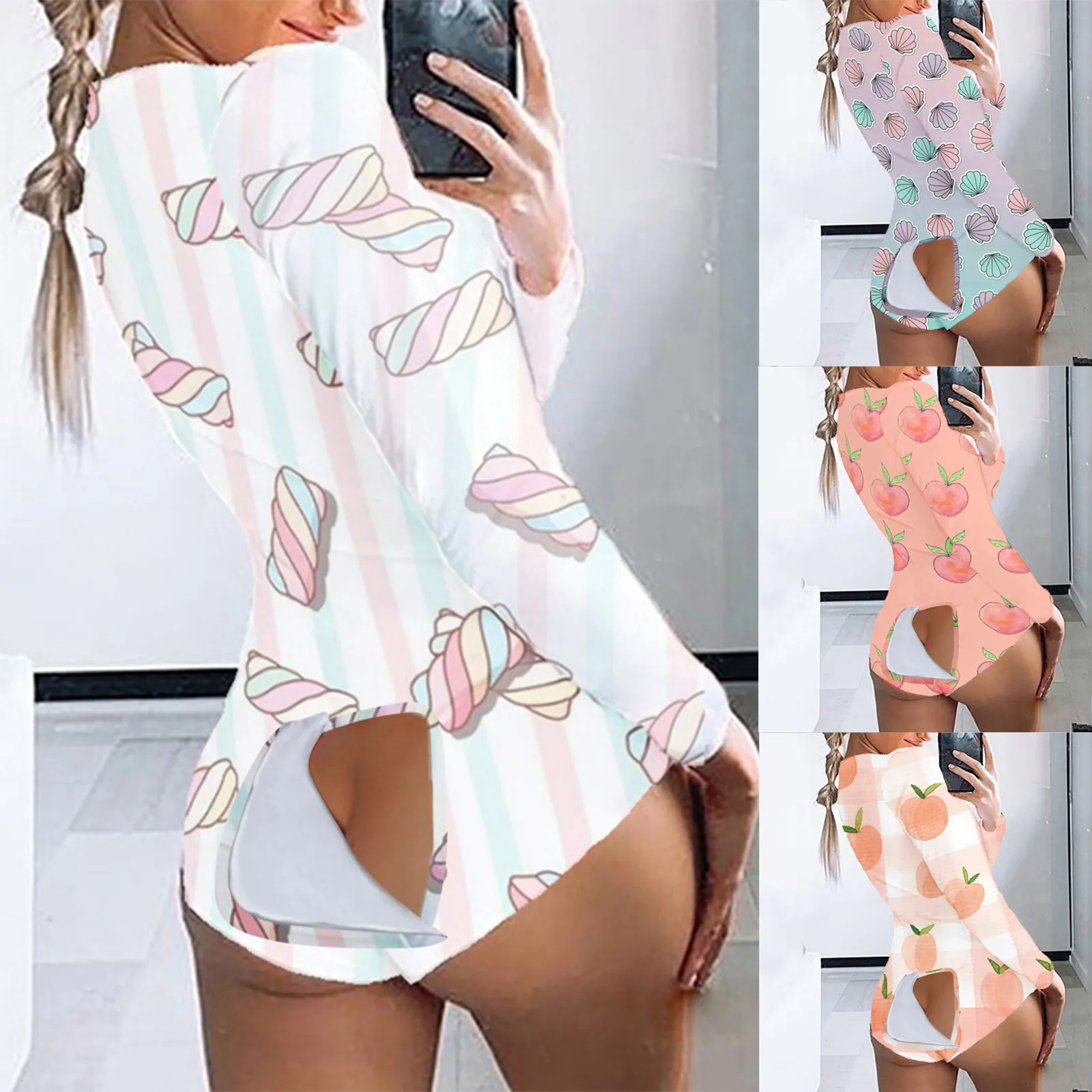 Peach Cotton Candy Printed Onesies Pajamas Adults Functional Button Flip Jumpsuit One Piece Romper Nightwear Without Positioning