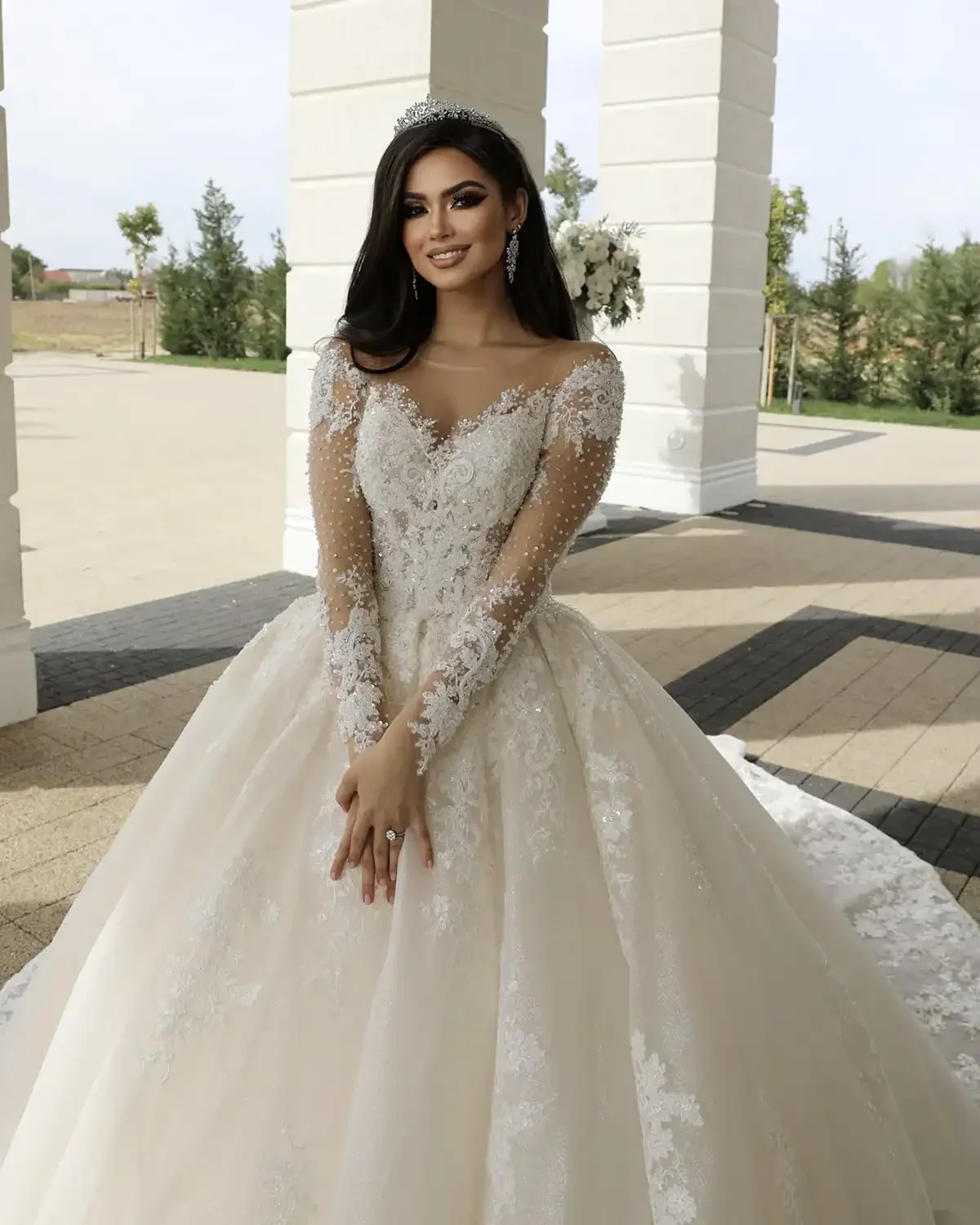 

Vinca Sunny Customzied Neck Church Wedding Dresses Long Sleeve Lace Beading See Through Bride Dresses Ball Gown Women