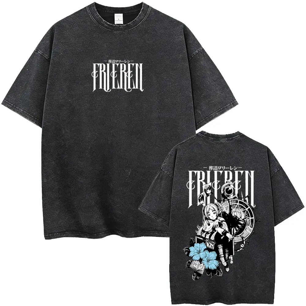 Anime Frieren: Beyond Journey's End Frieren Vintage Washed T-shirt Men Women Fashion Casual T-shirts Men's Cartoon Manga T Shirt