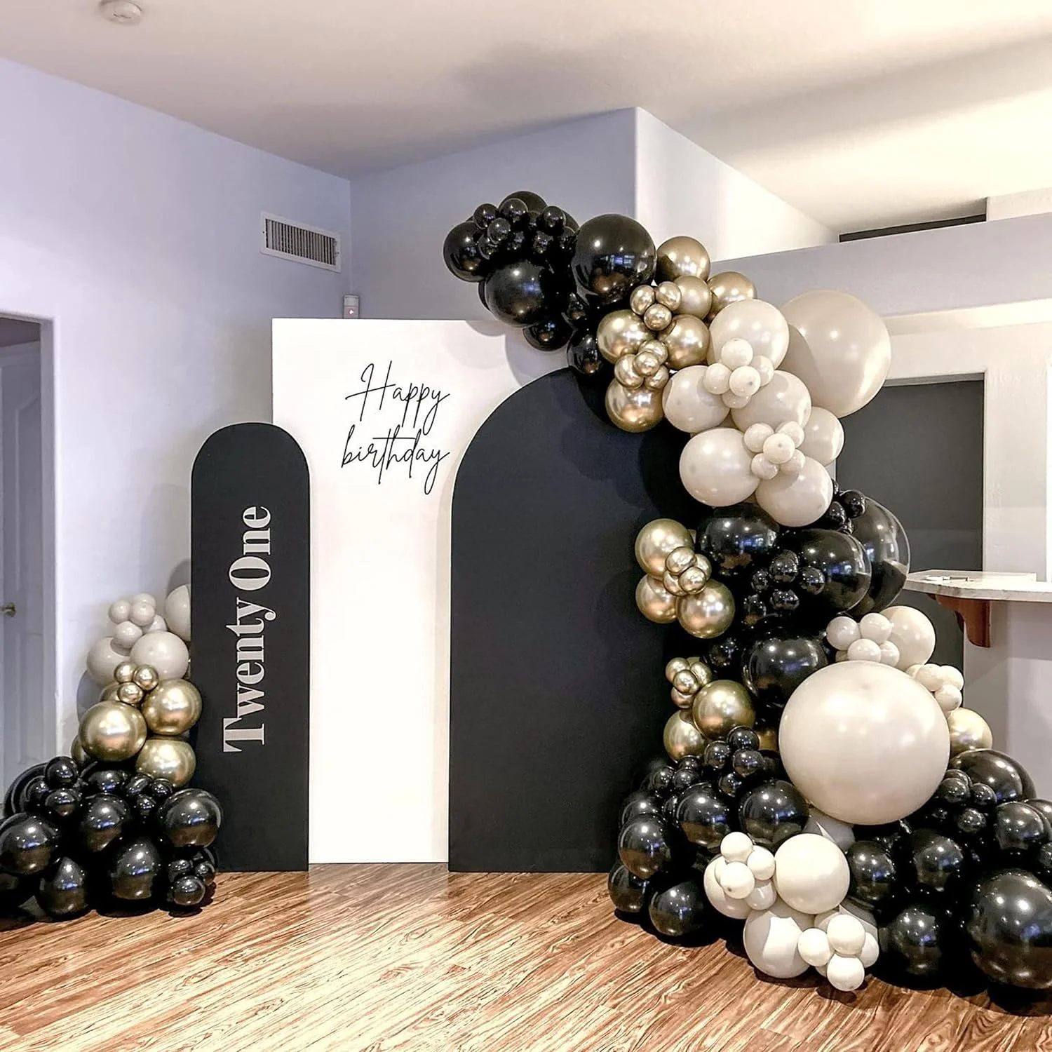 139Pcs Sand White Black Balloon Garland Black Gold Balloon Kit for Birthday Baby Shower Wedding Retiremen Anniversary Decoration