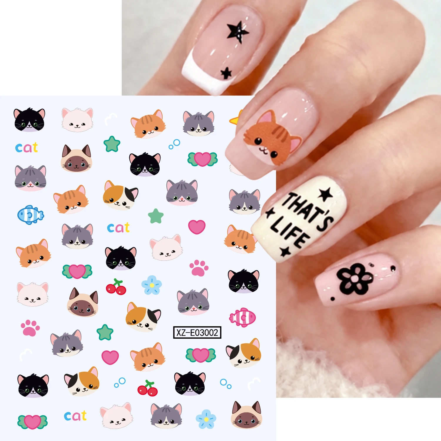2Sheets Cute Kitten Head Nail Stickers 3D Kawaii Small Yellow, Black, Tricolor Cat Flowers Cat Paw Nail Decals DIY Animal Decor