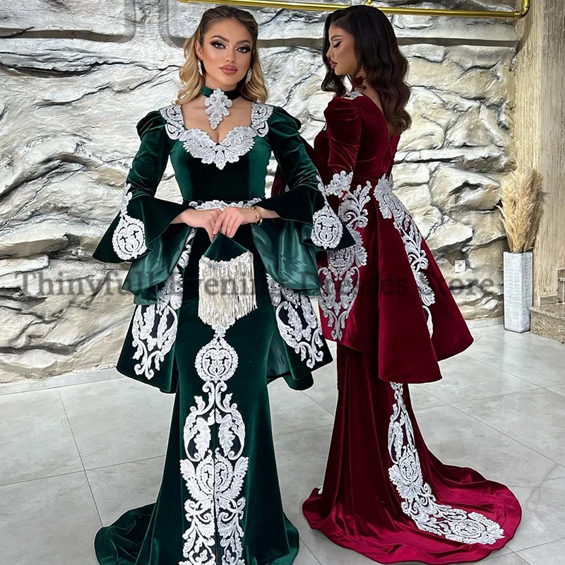 Gaun Malam Kaftan Maroko Thinyfull Putri Duyung Gaun Malam Arab Saudi Dubai Beludru Kereta Dapat Dilepas Gaun Prom Applique