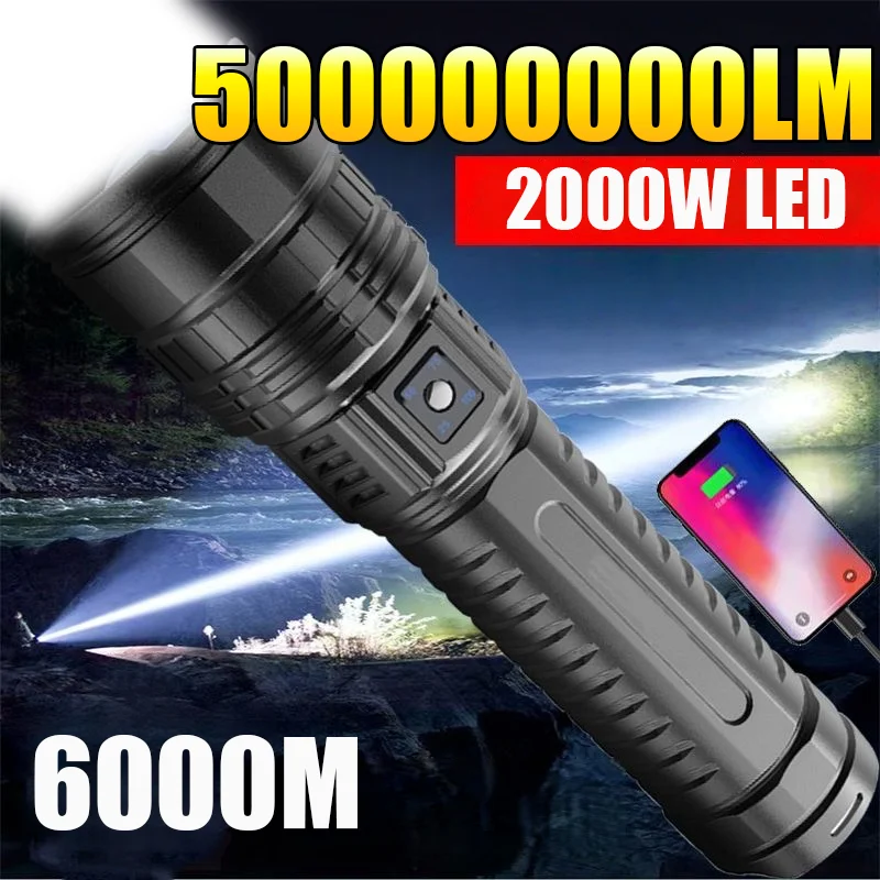 

2025 New Ultra Bright LED Flashlight USB Rechargeable Zoom Flashlights Long Range 6000M Tactical Torch Camping Fishing Work Lamp
