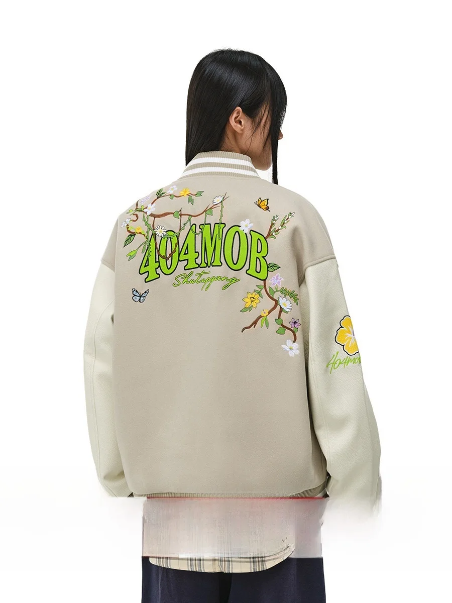 

Heavyweight Floral Embroidery American Sle Baseball Jaet Men's Women's Color Blo PU Leather Pilot Thiened Jaet
