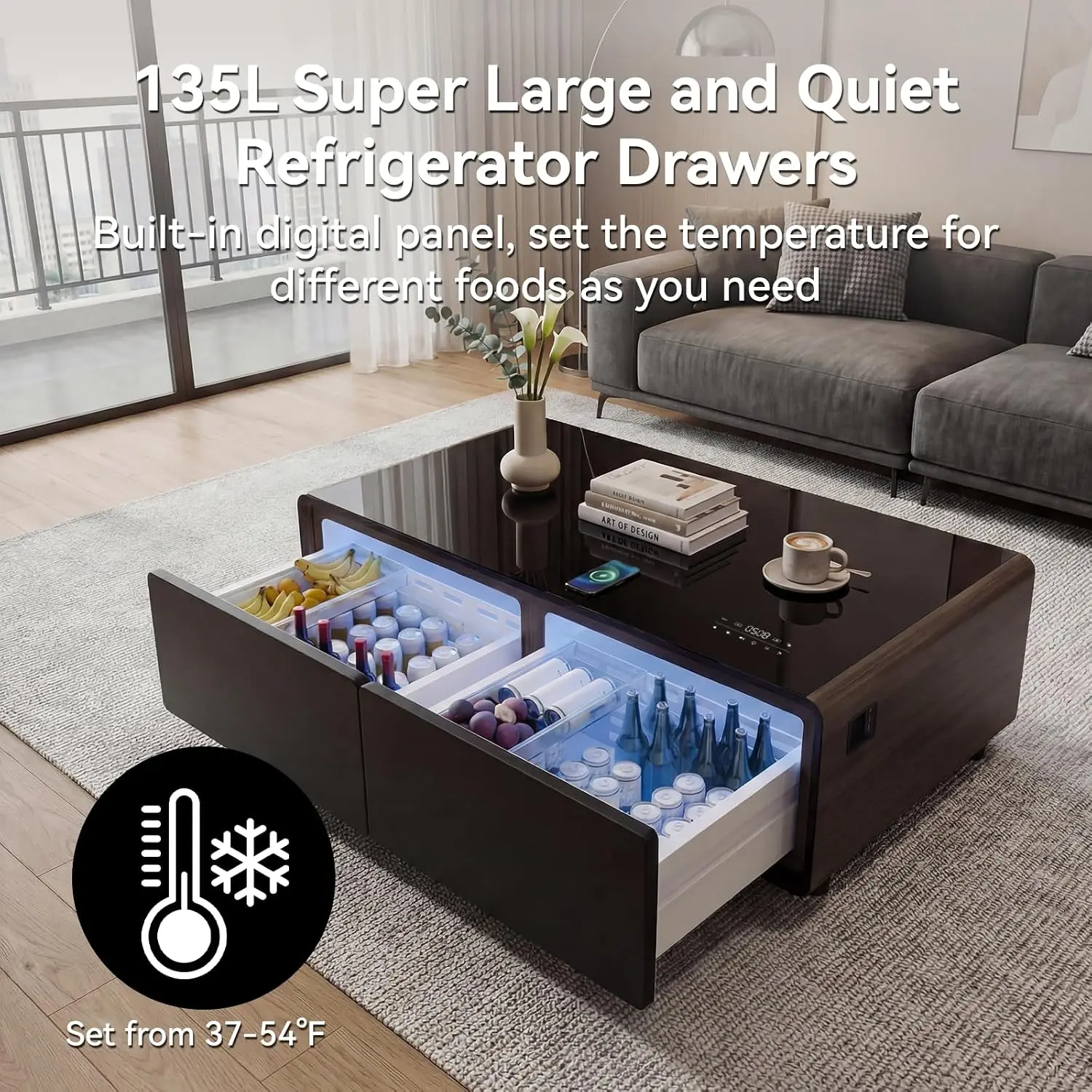 Smart Coffee Table with 135L Fridge Drawers, Speaker & Wireless Charging