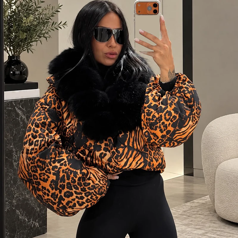 Women Zebra Print Puffer Jacket Faux Fur Collar Loose Lantern Sleeve Cropped Coat 2026 Winter Warm Streetwear Ladies Outerwear