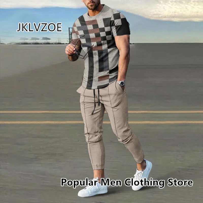 2 Piece Set Outfits Men's Trousers Tracksuit Plaid 3D Printed Summer Sportswear Short Sleeve T Shirt+Long Pants Street Clothes