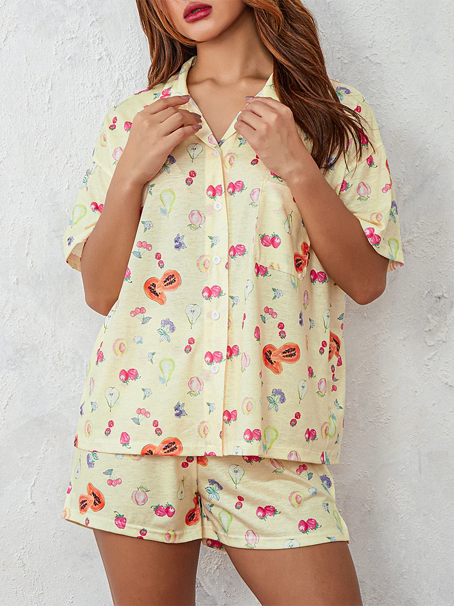 Women’s 2 Piece Y2K Pajamas Set Short Sleeve Fruit Floral Print Button Down Shirt Shorts Set Sleepwear Loungewear