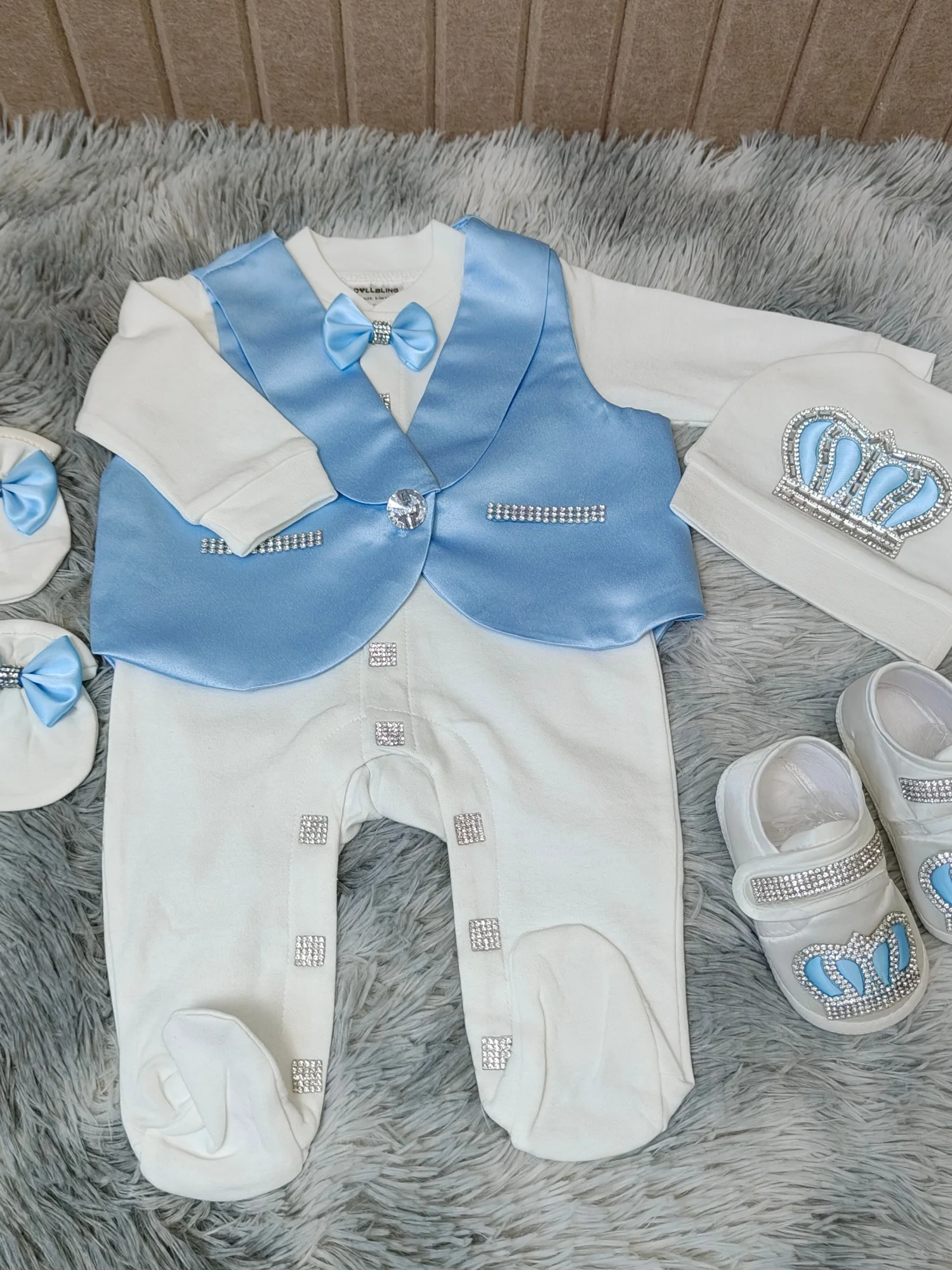 Newborn Baby Footed Romper 0-9 Months 5Pcs All White Baby Blue Satin Vest Bow Tie Rhinestone Crown Long Sleeve Footed Jumpsuit