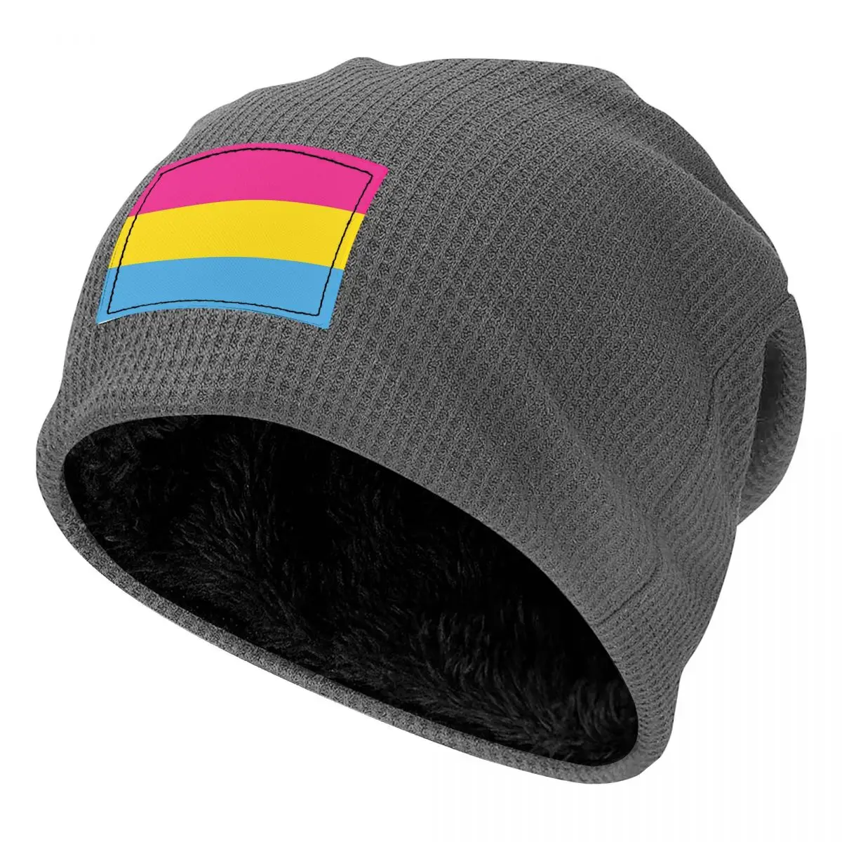 Pansexual Pride Flag Waffle Knit Fleece Lined Beanie with PU Leather Patch Unisex Warm Winter Soft Cap