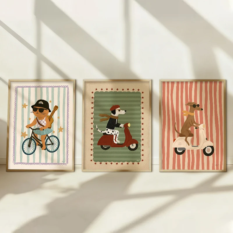 Funny Cartoon Animals Riding Bike Scooter Skateboard Wall Art Poster Retro Striped Print Nordic Kids Nursery Bedroom Wall Decor