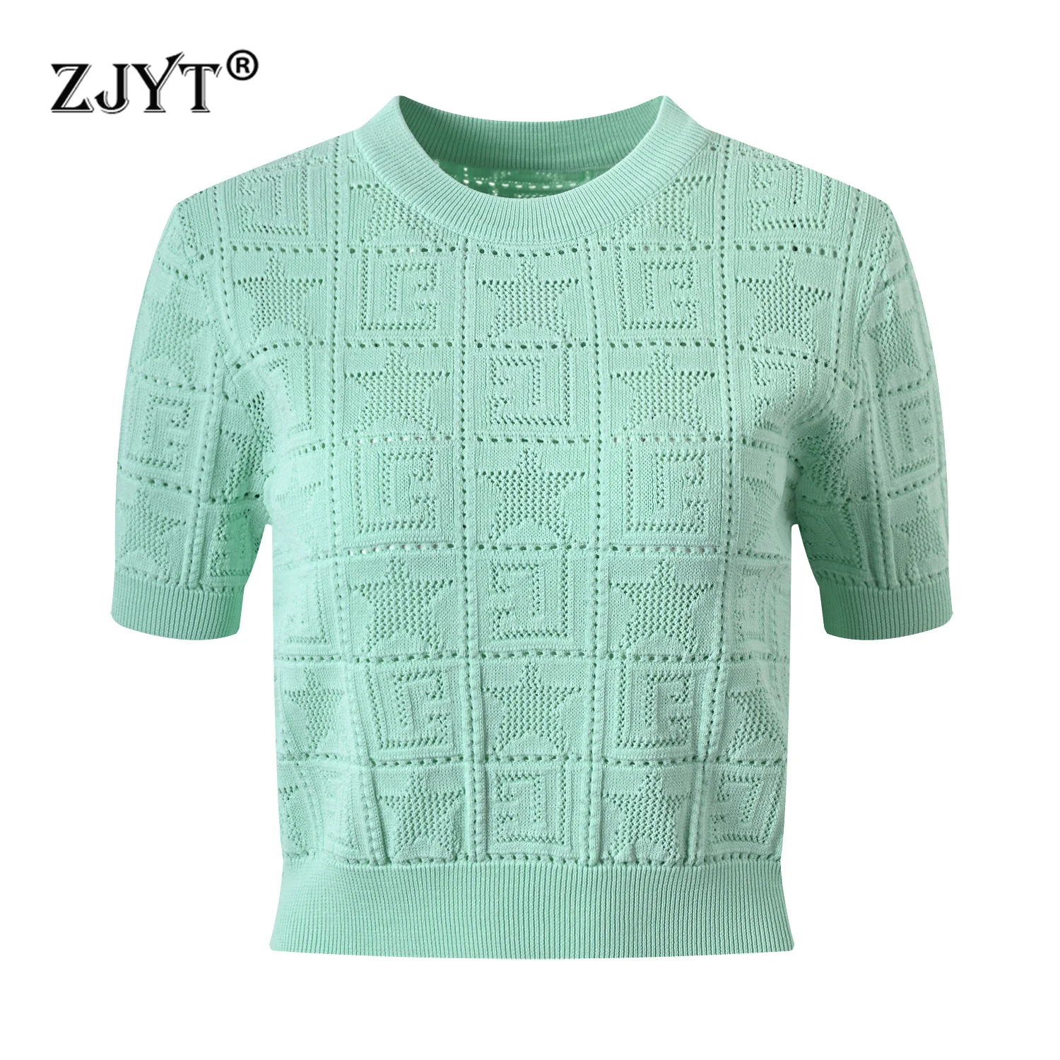 

ZJYT Fashion 2025 Spring Summer Hollow Out Pullover Sweaters Women Short Sleeve Knitted Tops Elegant Knitwears Solid Female