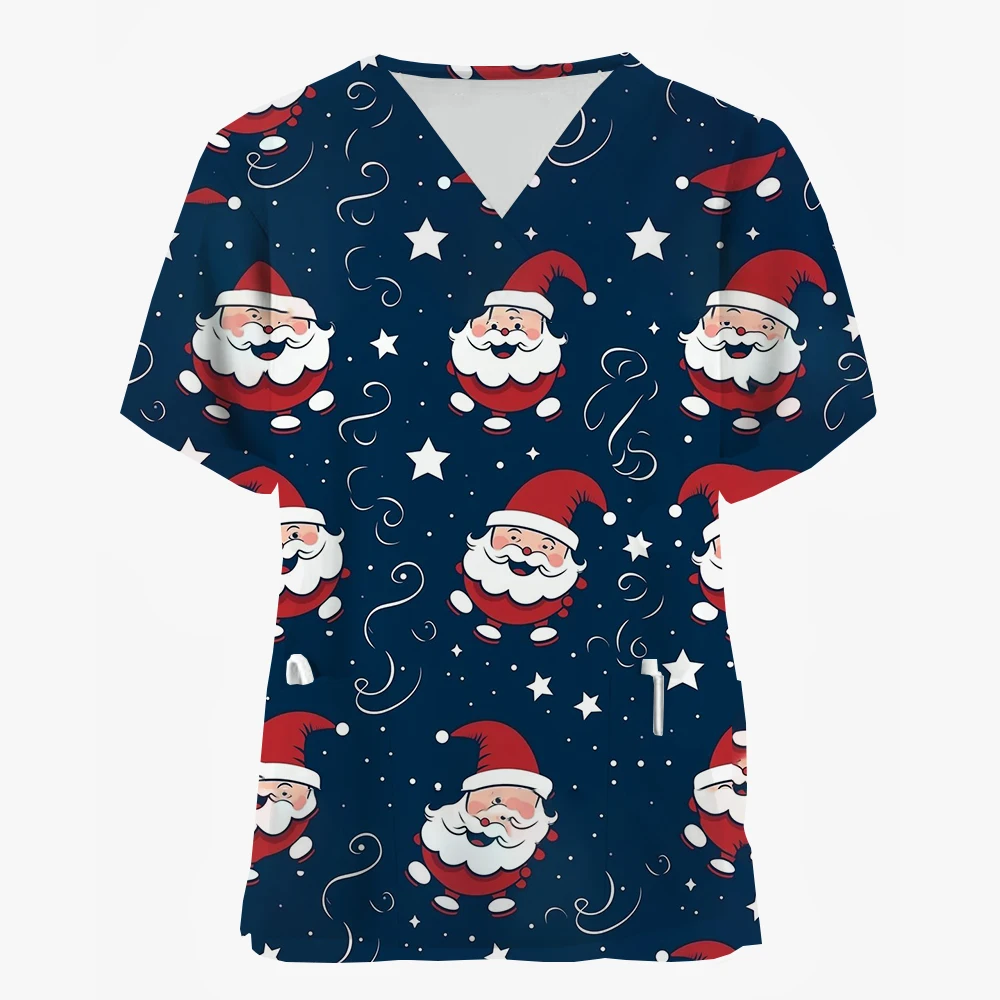 Christmas Medical Scrubs for Women Cartoon Pattern Print Dental Nurse Tops Fashion V-Neck Short Sleeve Clinical Uniform Woman