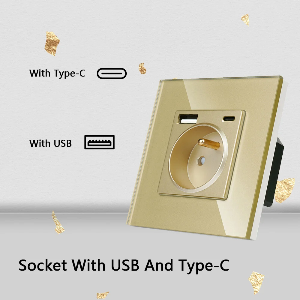 

Розетка TAWOIA (Франция, Польша) с кристаллами, 16А, USB Type-C, тройная, стеклянная, настенная, с защитной крышкой