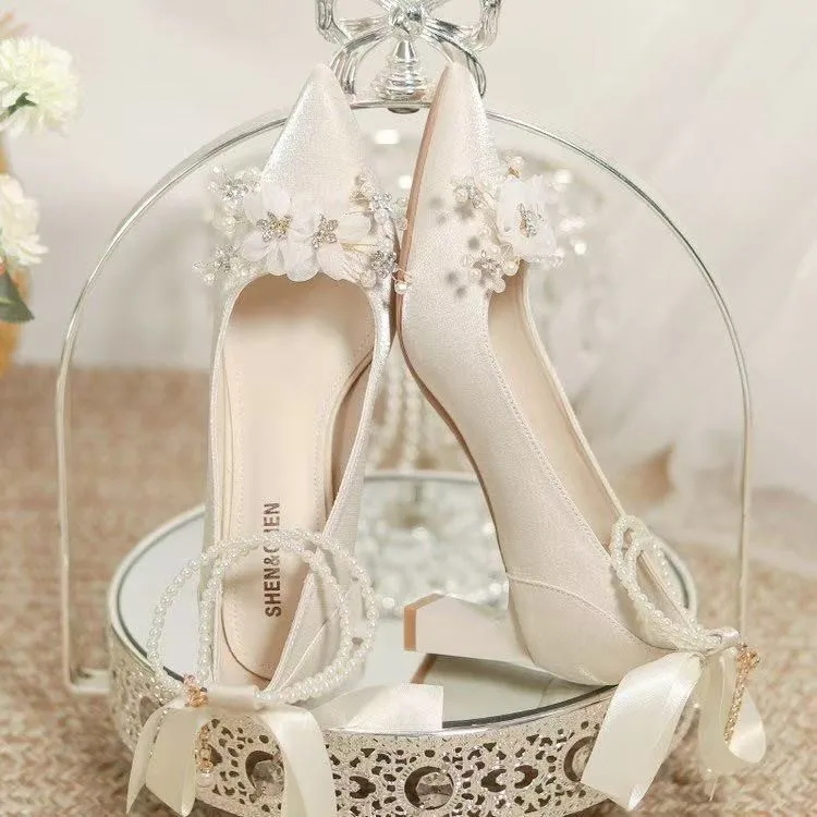 French-style Wedding Shoes, Bridal Shoes, Main Wedding Dress Shoes, Thick-heeled High Heels, White, Comfortable and Not Tiring view 2