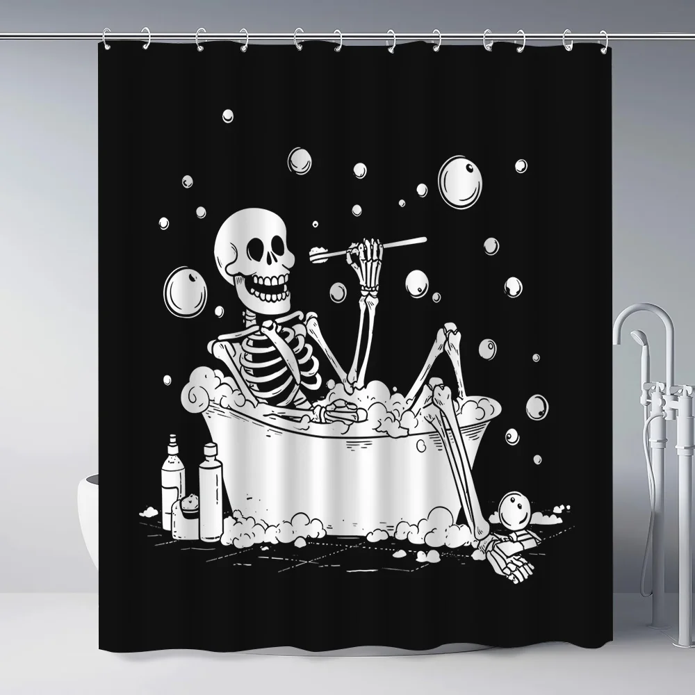 1 Skeleton - Bathing Pattern Printed Shower Curtain, Dark - Style Home Decor Bathroom Curtain, with 12 Hooks, Suitable for Windo
