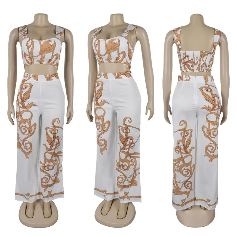 Sexy Party Club Two Piece Set for Woman Y2K Clothes Elegant Vintage Print Crop Top and Wide Leg Pants Matching Sets Outfits