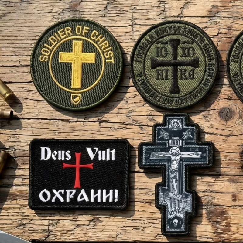 Image of Christliche Taktische Aufnäher Religiöses Kreuz & "Deus Vult" Besticktes Moral-Abzeichen für Jacken, Rucksäcke, Militär-Patch-Aufkleber