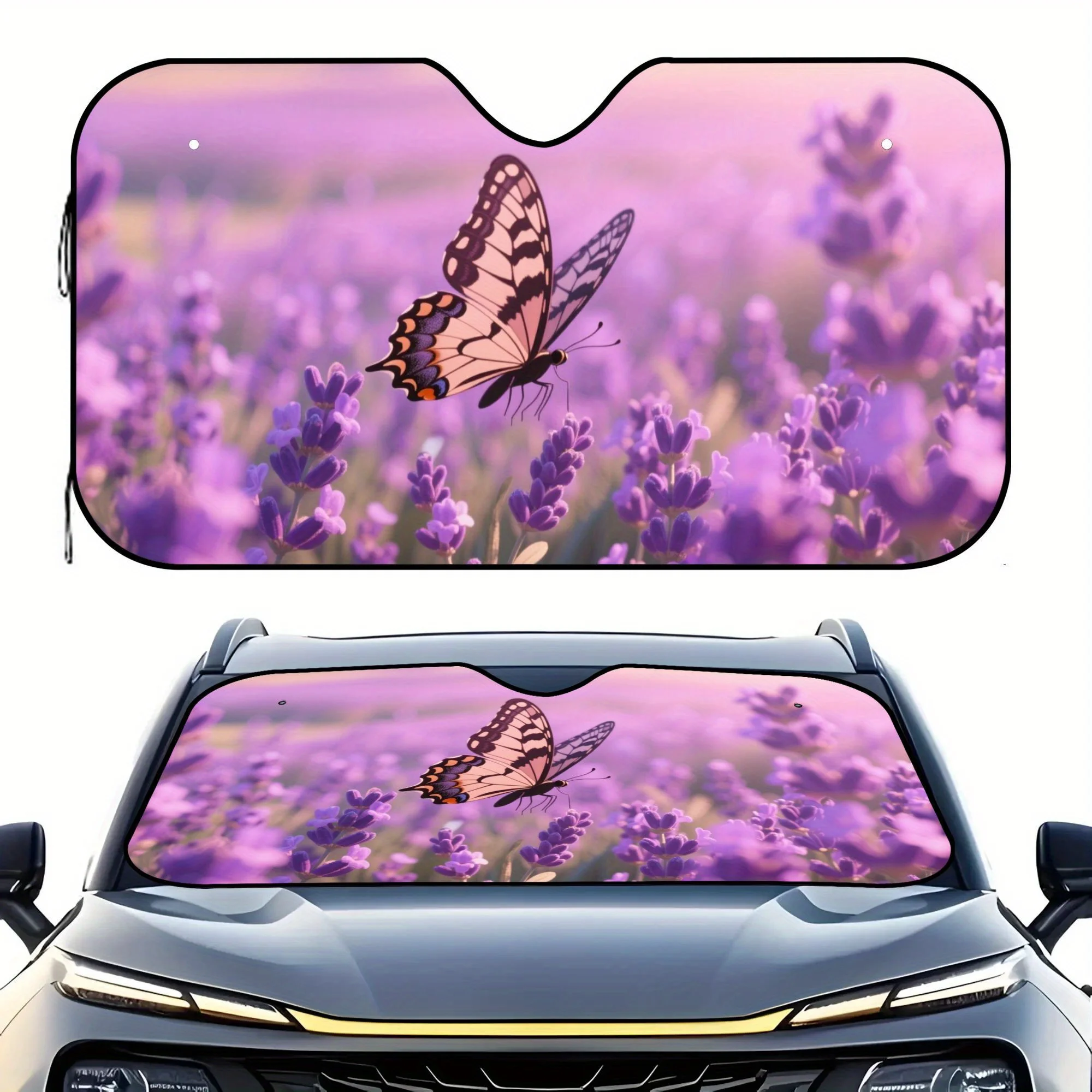 1pc Butterfly Lavender Field Sunset Car Sunshade - Heat-Insulating UV Protection Windshield Cover With Scenic Landscape Design,