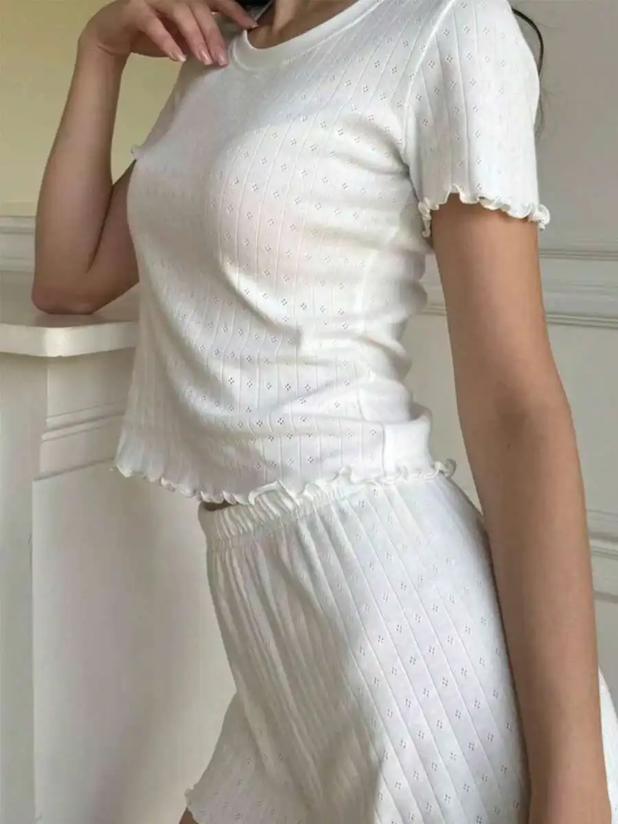 2pcs Women Jacquard Ruffle Trim Short Sleeve Top And Shorts Pajama Set Casual Round Neck Loungewear Summer