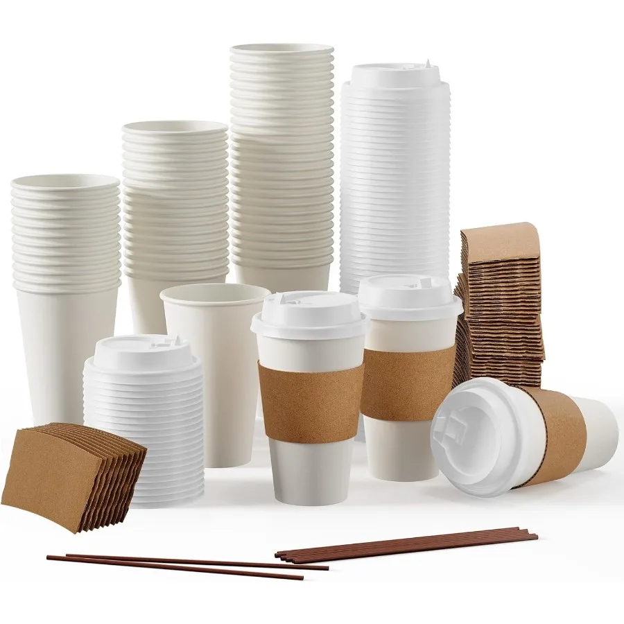

100 Pack 16 oz Disposable Paper Coffee Cups with Lids Sleeves and Stirrers for Hot or Cold Beverages Including Water Juice and