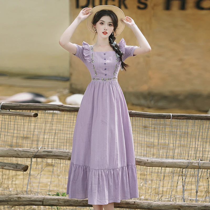 Summer Cottage Purple Dress Woman Retro French Style Ruffles Embroidery  Prairie Chic Dresses Vintage Ropa Mujer Vestido Festa - AliExpress 200000345