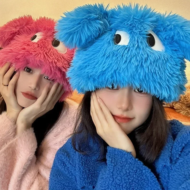 

Cartoon Puppy Funny Long Ears Plush Beanie Hats for Women Winter Warm Ear Protection Cap Girls Cute Big Eye Monster Hat Bonnet