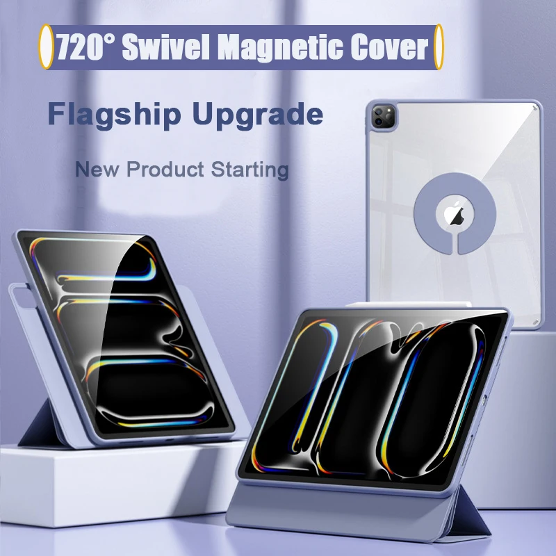 360° Strong Magnetic Detachable Tablet Case for IPad Mini 7 6 A17 Pro 8.3Inch PU Leather Tri-fold Clear Acrylic Shockproof Cover