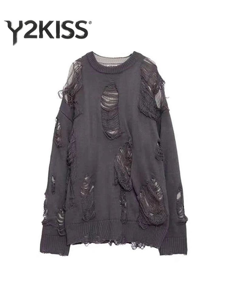 2025 Autumn Winter Women Grunge Harajuku O-Neck Long Sleeve Baddie Style Sweater Design Knitwear Oversize 2000s Goblin Core New
