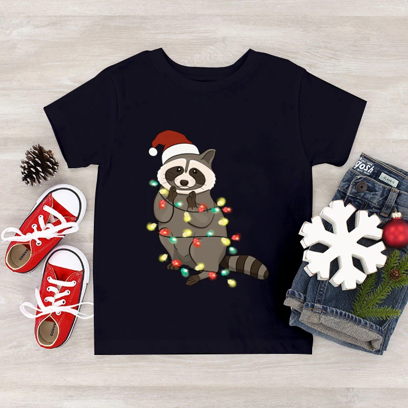 Boy Girl Funny Short Sleeve Cartoon Raccoon Graphic T-Shirt Merry Christmas Crewneck Tee Tops Fashion Kids Streetwear Tshirt