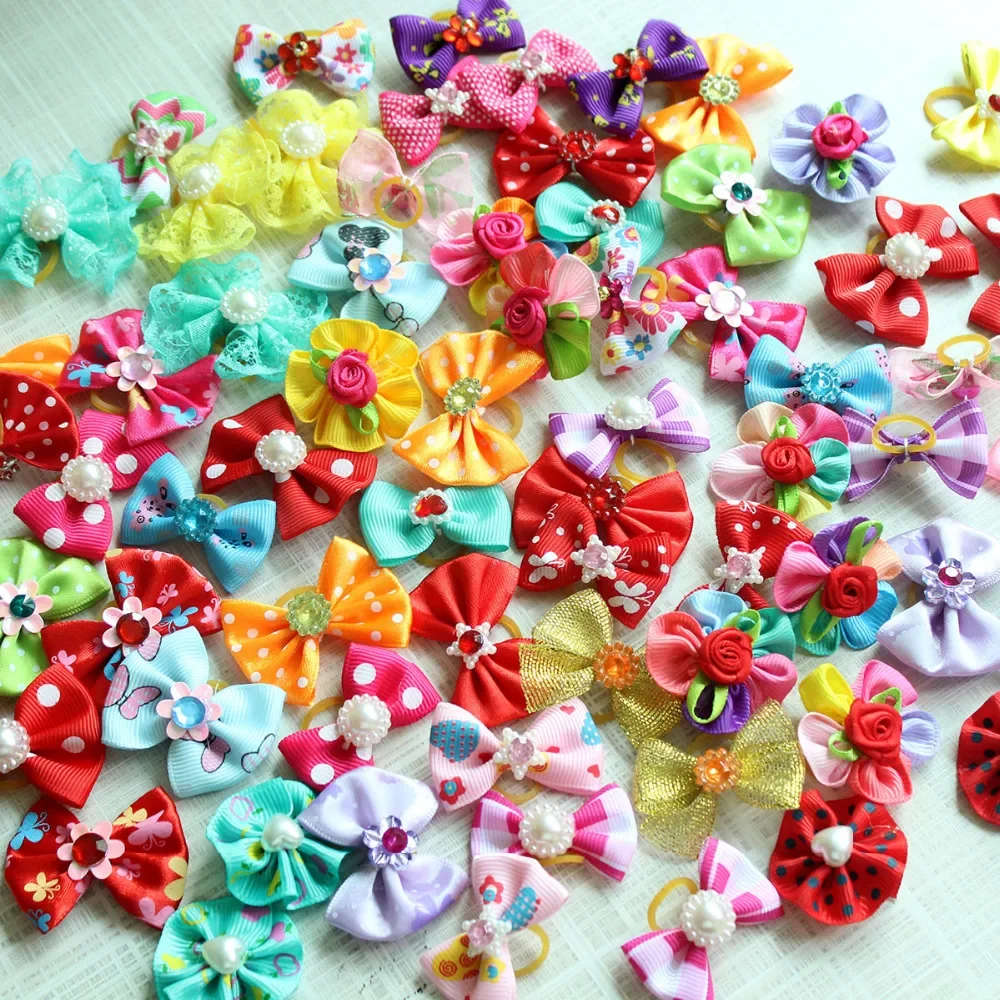 

20/50/100pcs/set Dog hair flower pet dog hair bows pet Rhinestone Pearls accessories dog hair elastic bands cat decoration bows
