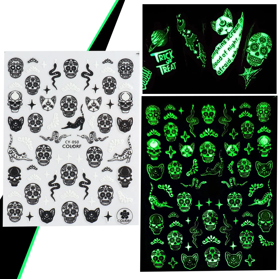 1Sheet 3D Luminous Slider Halloween Nail Art Sticker Skull Alien Planet Decals Glow In The Dark Glitter Nail Tips Decor JICY046