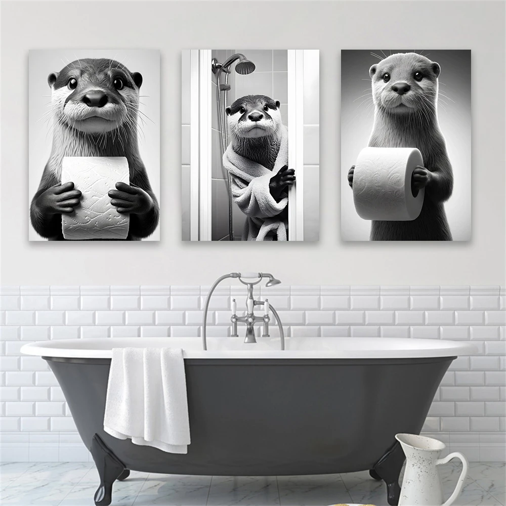 Black And White Otter Art Poster Funny Bathroom Decor Otter In Toilet Canvas Print Animal In Bathroom Decor Aesthetic Pet Bath