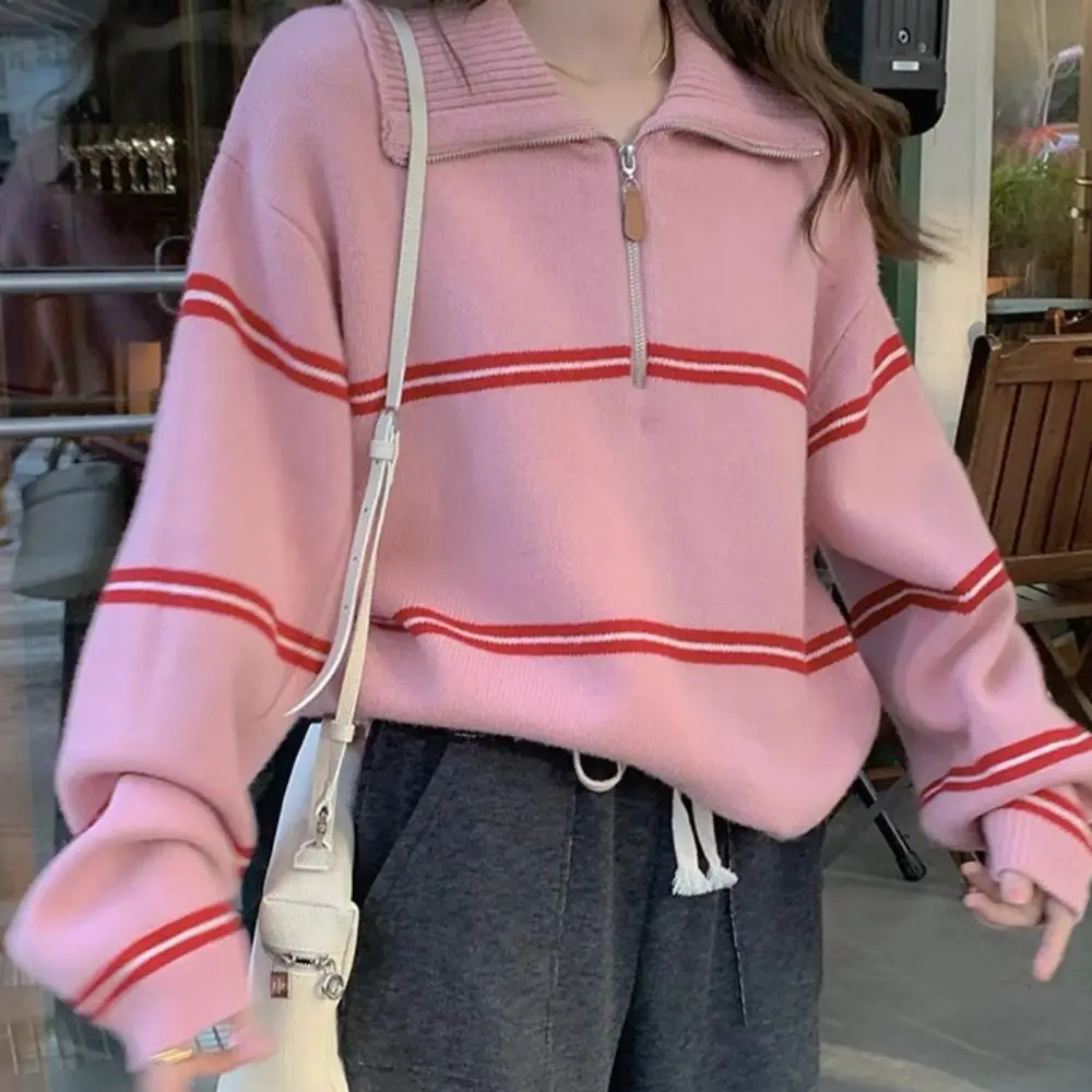 الكورية نمط طويل الأكمام متماسكة شريط هوديي الخريف عارضة الكروشيه تريكو المرأة أعلى فضفاض الحلو الفتاة البلوز المرأة #4