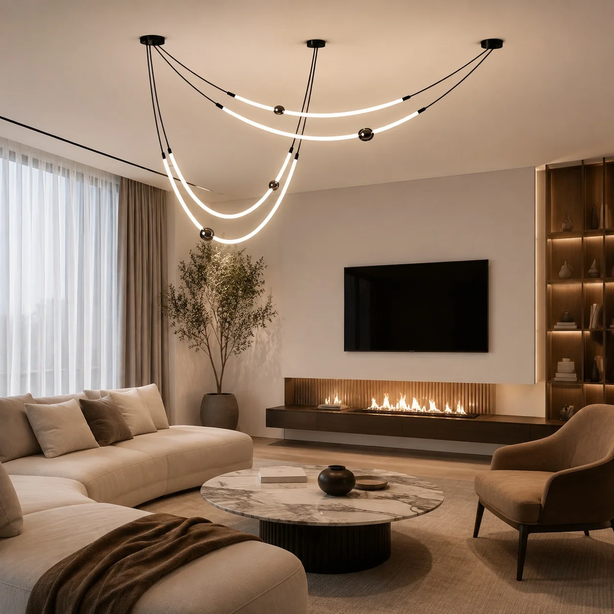 Creative Curved Linear LED Chandelier Modern Designer Pendant Lamp Multiple Sizes Hanging Light for Dining Room Kitchens Islands