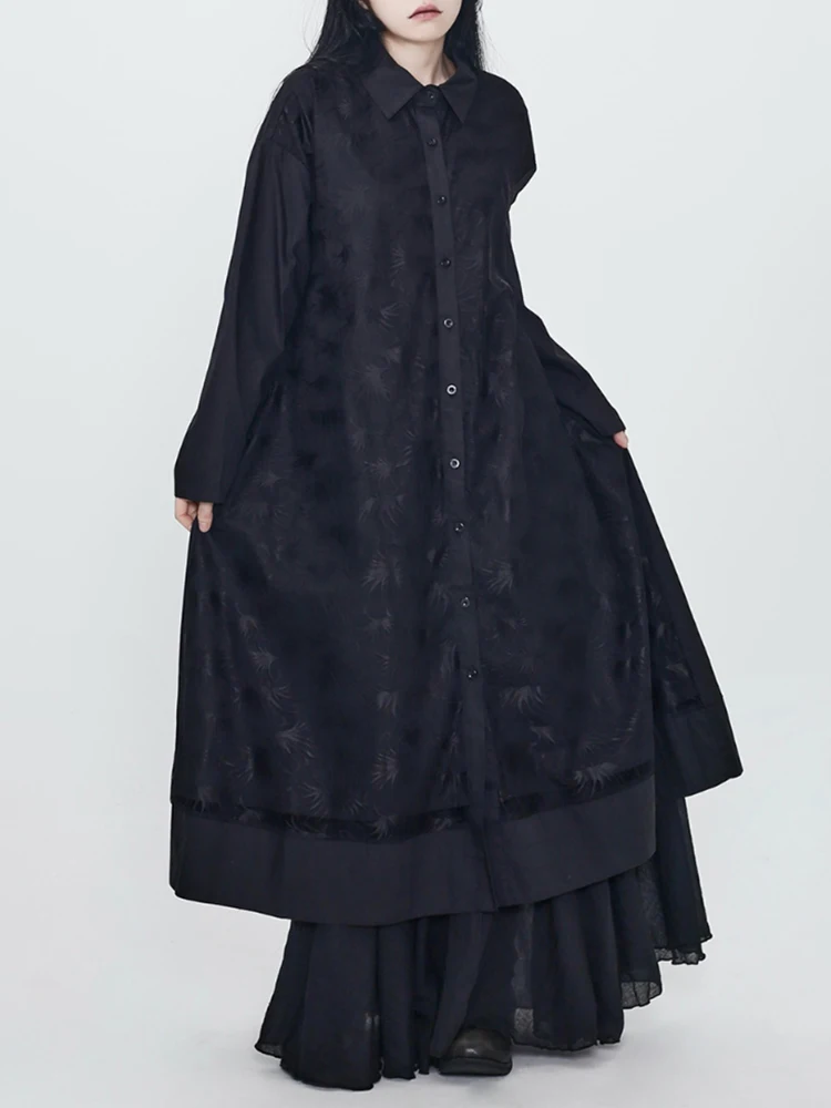 YERMORA Frauen Dreidimensionale Blume Gespleißt Mesh Hemd Kleid Revers Lange Hülse Lose Mode Flut Frühling Herbst 2025, Neue