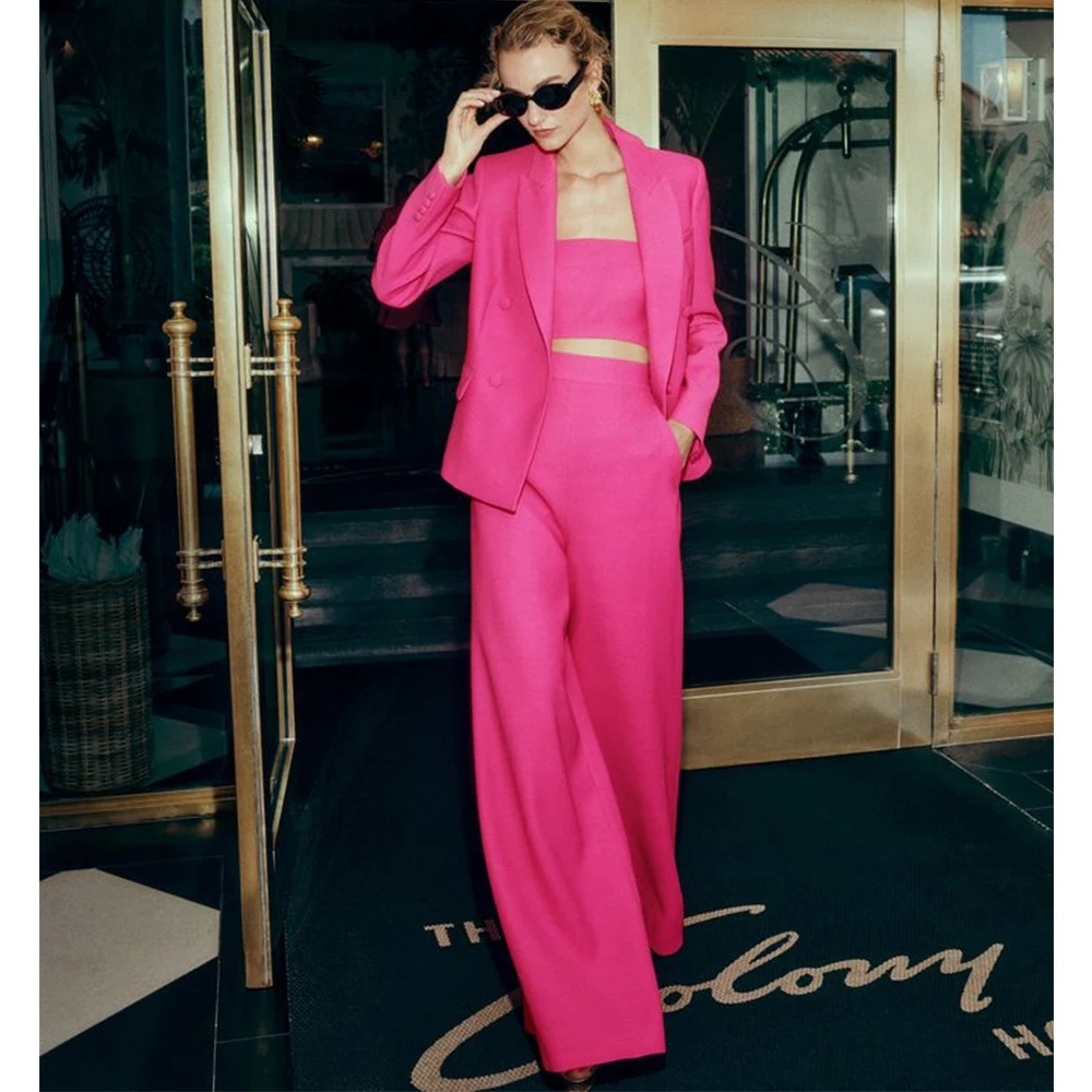 

Tesco 3 Pieces Women Suit 2025 Fuchsia Peaked Lapel Blazer and Pants Set with Corset Fashionable Suit Set Office Lady Outfit