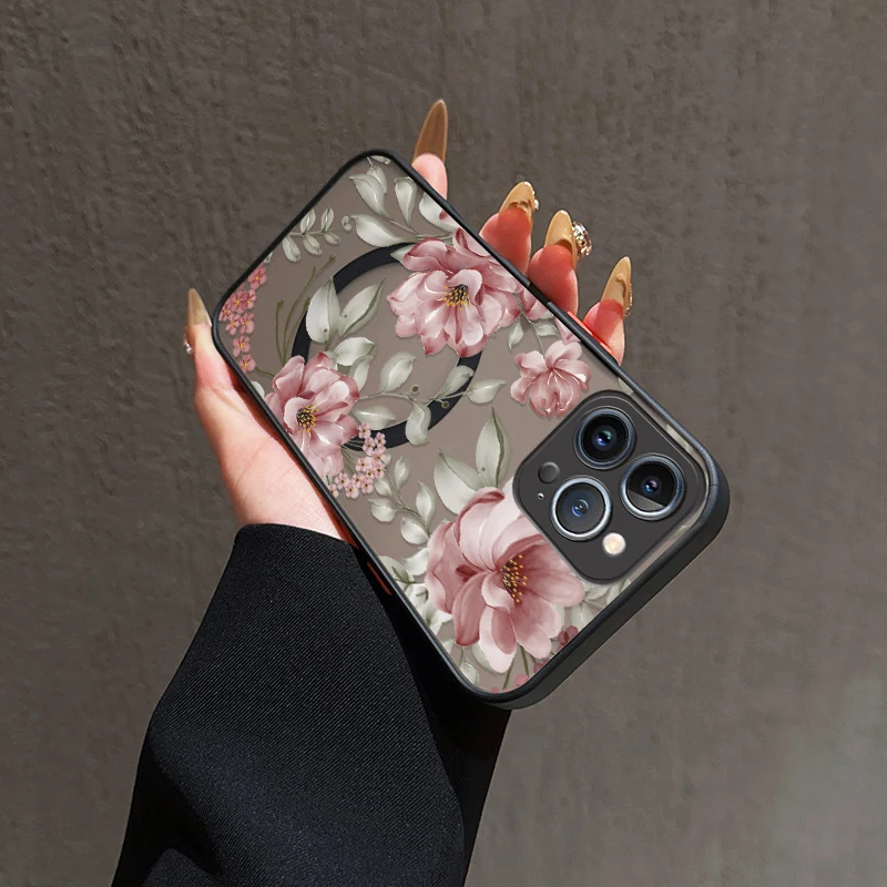 حافظة لهاتف Magsafe لهاتف آيفون 17 Air 16 Pro 13 Mini 15 11 12 14 Pro Max XR XS SE غطاء أكريليك شفاف زهرة كوكه #6