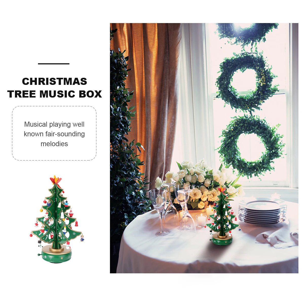 

Christmas Tree Music Box Wooden Classic Melody Handmade Miniature Green Decorative Gift For Birthday Valentine Wedding