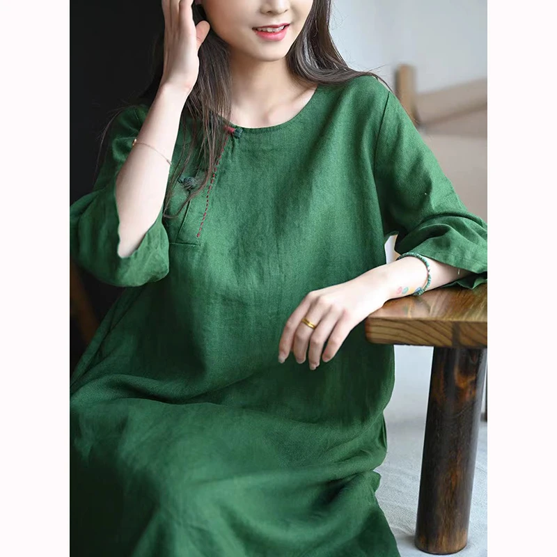 

Spring Summer Arts Style Women Half Sleeve O-neck Loose Long Dress Vintage Cotton Linen Green A-line Dresses Good Quality JM99