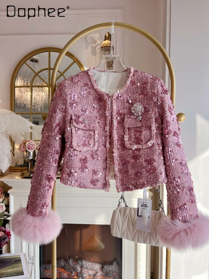 

Light Luxury Heavy Beading Rhinestone Down Jacket Women High-end Fox Fur Long Sleeve Sequin Round Neck Thickened Short Coat