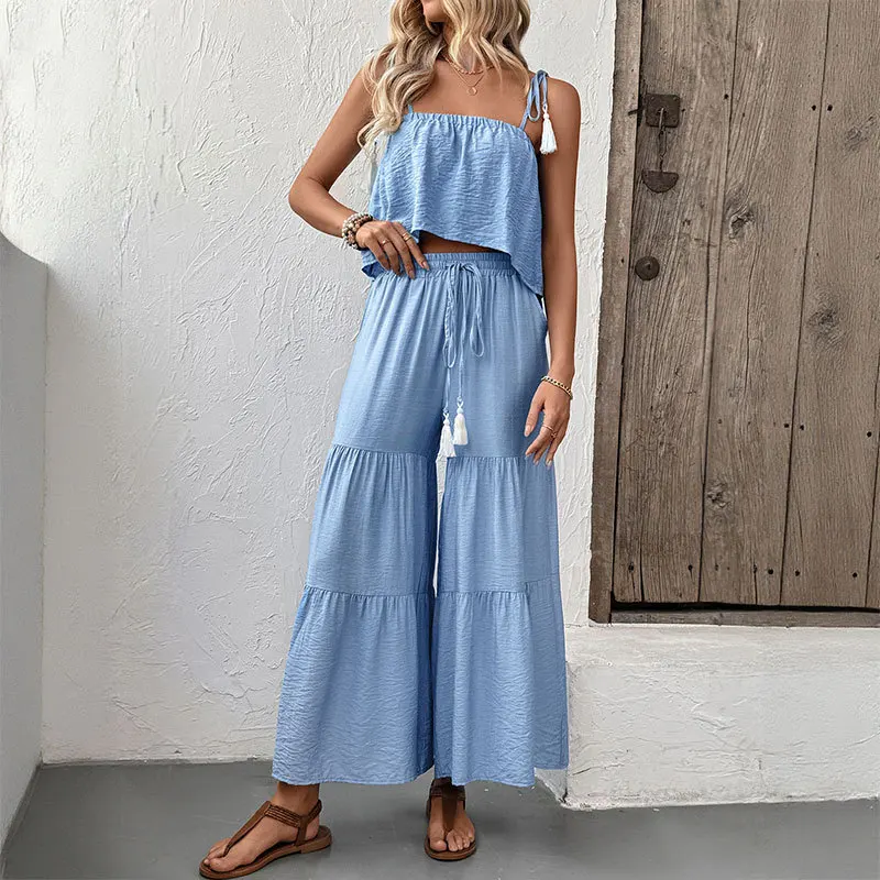 

Fresh Wind Suspender Top Wide-leg Trousers Solid Color Suit 2025 Summer Sweet Solid Color Women's Beach Vacation Two-piece Suit