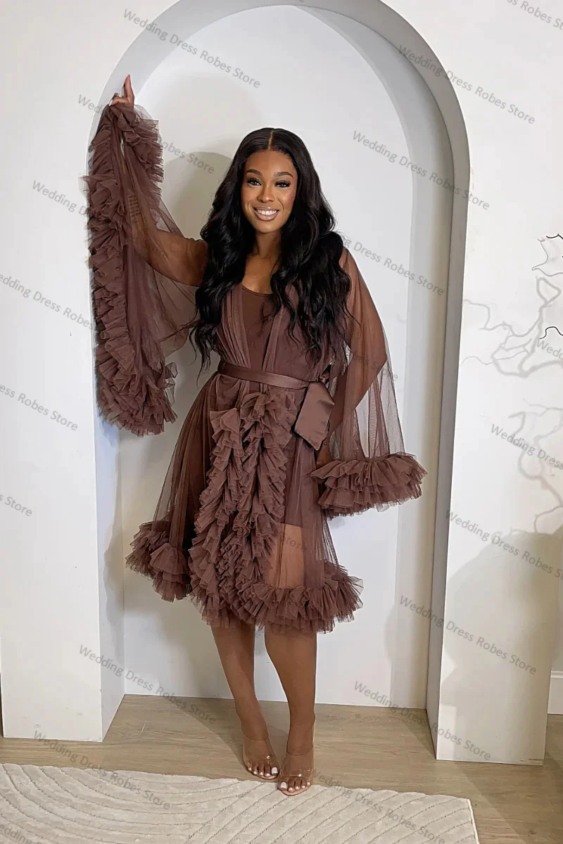 Brown 2 Pieces Wedding Maternity Dress Photography Full Sleeves Short Mini Bride Robe Ruffles Wedding Prom Gowns Customized