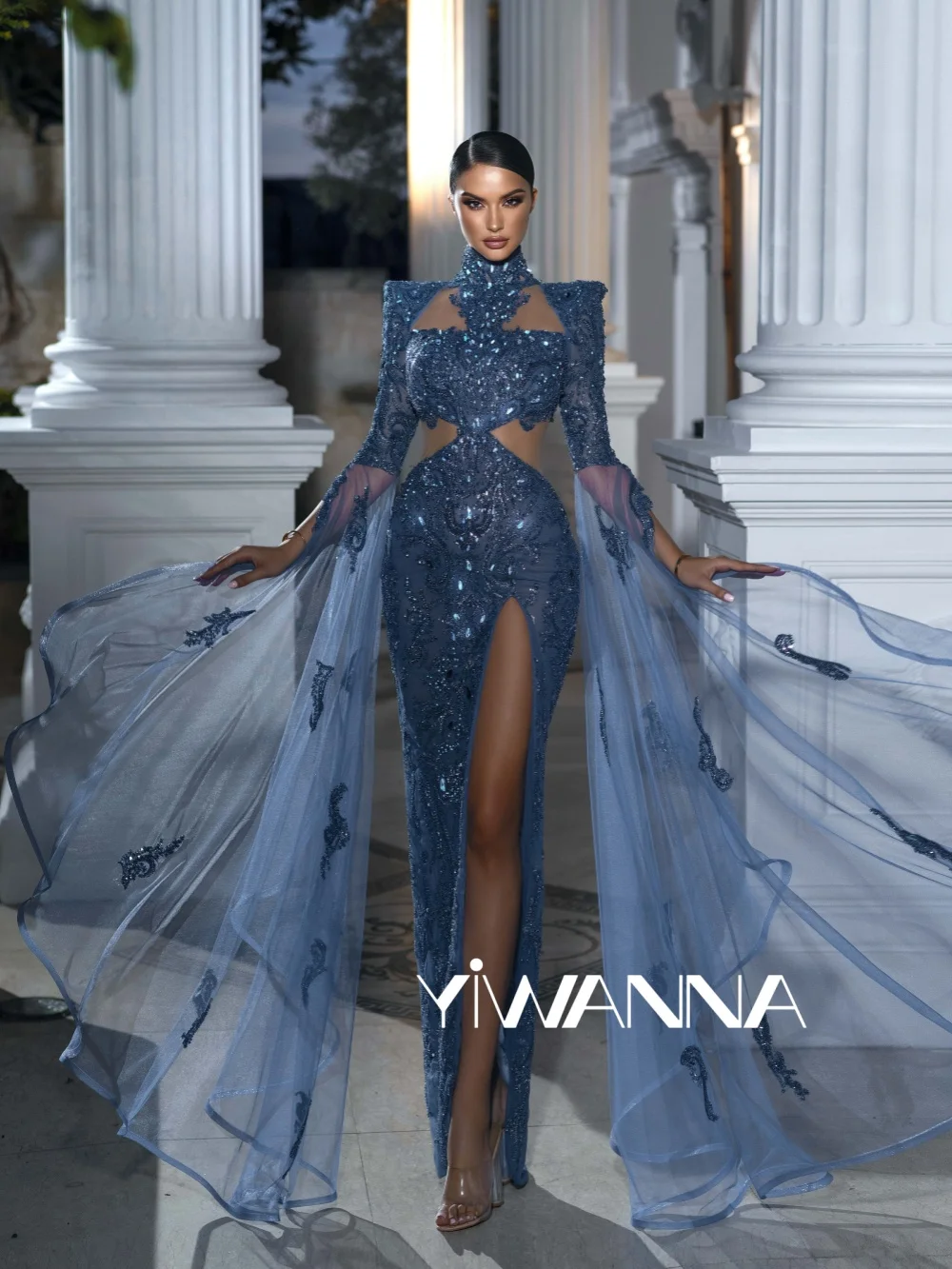 

Blue Embroidery Beaded Lace Evening Dress Chic Cape Sleeve High Slit Wedding Party Gown New Customized Gorgeous Prom Dresses