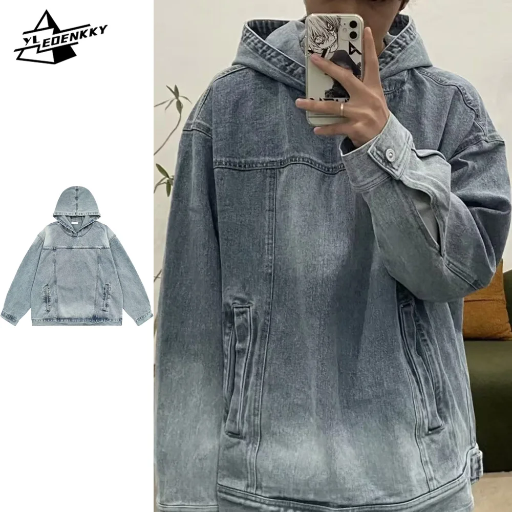 

Denim Hooded Sweatshirt Men Women High Street Washed Distressed Jacket Retro Hip-hop Loose Casual Coat Oversize Cowboy Outwear