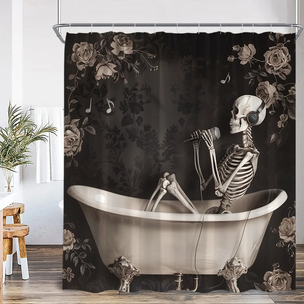 Halloween Skeleton Shower Curtain Skull Cute Ghost Full Moon Night Scary Spooky Bathroom Decor Happy Halloween Bathtub Curtain