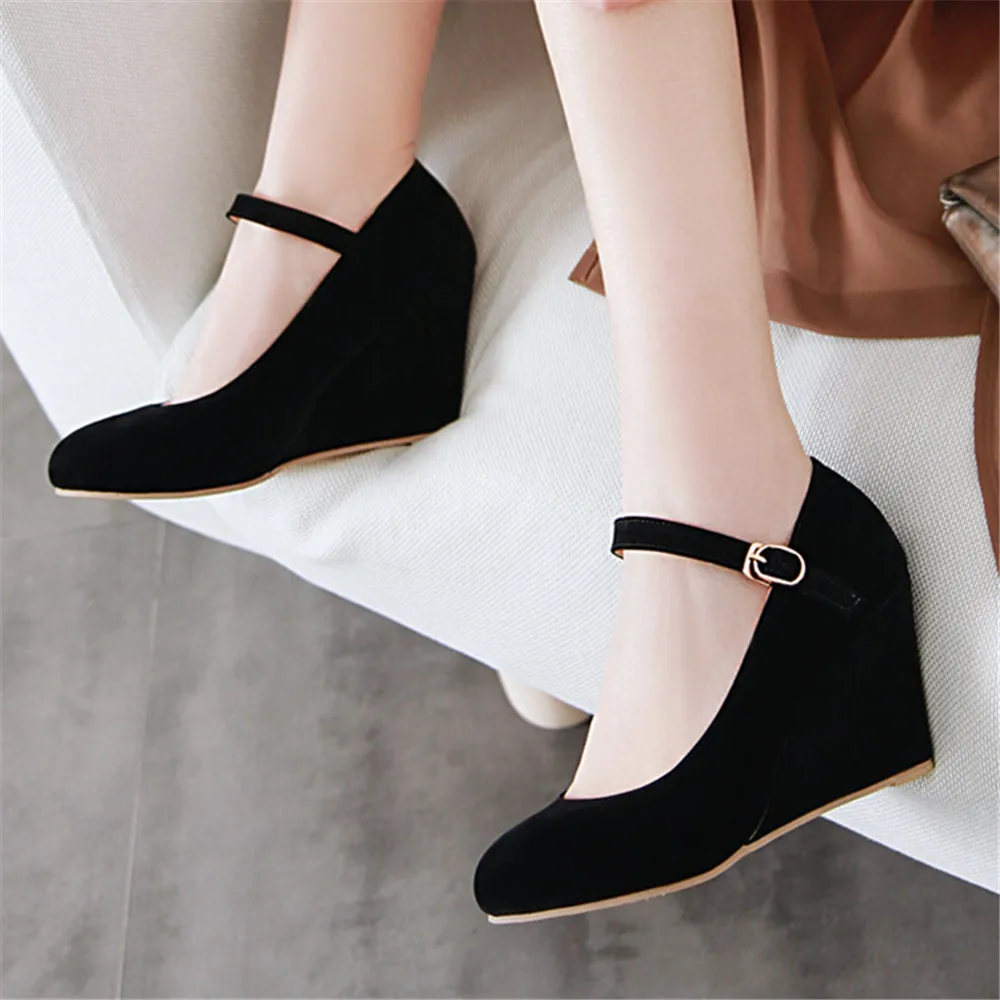 Classic High Heels Pumps Female Spring Casual Ankle Straps Flock Black Rose Red Wedge Wedding Office Shoes Woman Large Size34-43