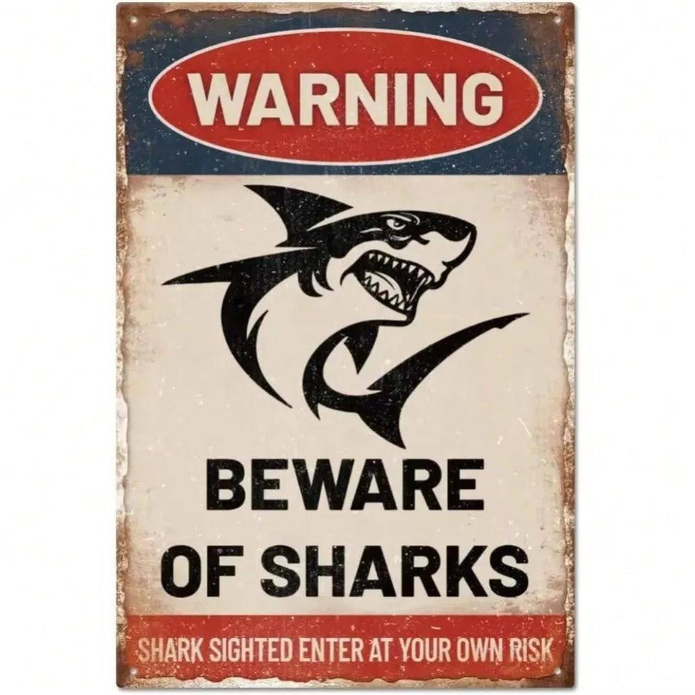 GLOBLELAND Shark Warning Metal Tin Sign 12x8in Funny Danger Wall Art for Home Kitchen Bathroom Halloween Decor